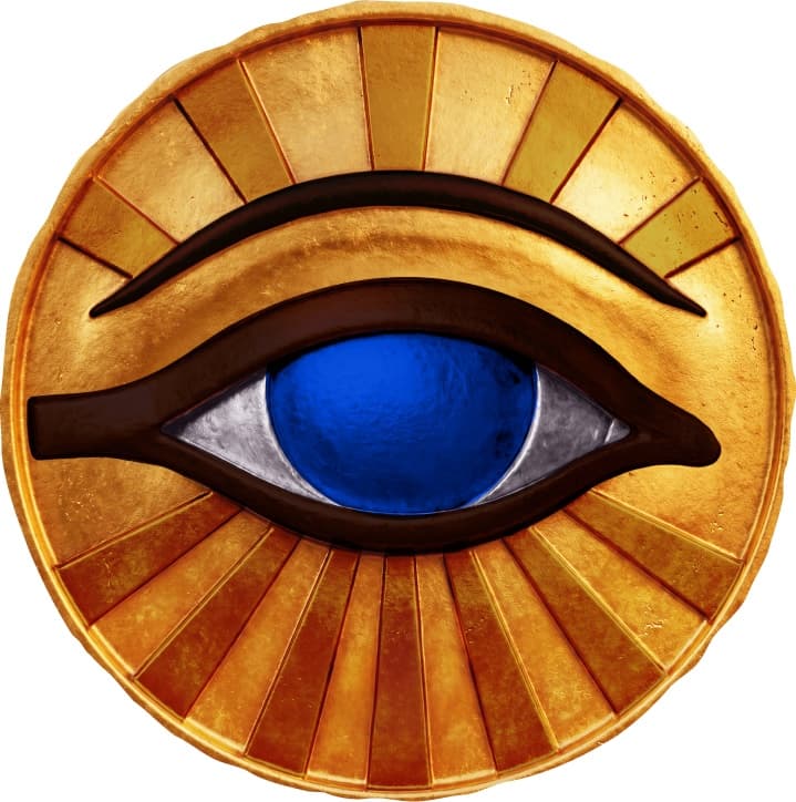 The Ancients emblem — a gold sunburst medallion framing a dark eye with a cobalt-blue iris.